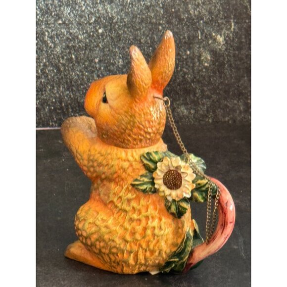 Mini Ceramic Rabbit Teapot With Sunflower Accent & Chain Lid 5" Tall Easter Spri - Picture 5 of 8